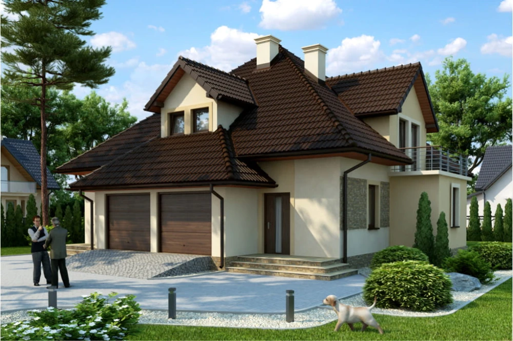 Projekt domu Staulanza tech. DM-6439 tech., parterowy z użytkowym poddaszem, dwurodzinny, z garażem dwustanowiskowym, bez podpiwniczenia - kolorystyka wersja 4