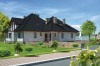 Projekt domu Gniezno tech. DM-6440 tech., parterowy z użytkowym poddaszem, dwurodzinny, z dwoma garażami, częściowo podpiwniczony - kolorystyka wersja 1