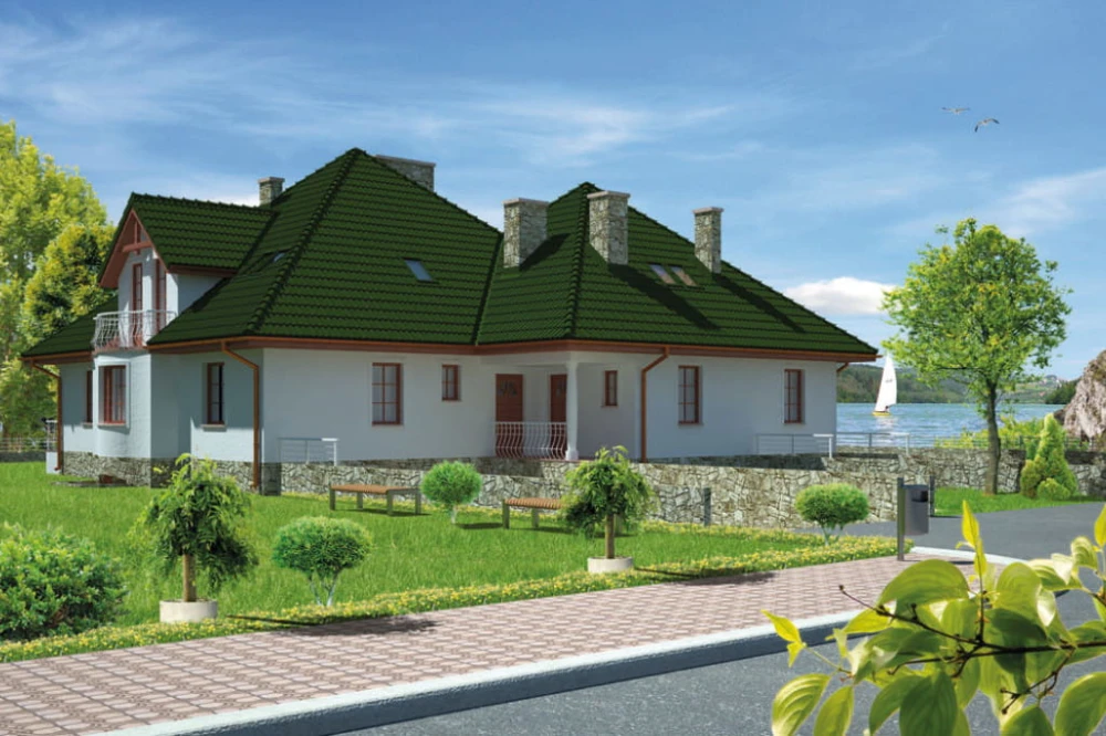 Projekt domu Gniezno tech. DM-6440 tech., parterowy z użytkowym poddaszem, dwurodzinny, z dwoma garażami, częściowo podpiwniczony - kolorystyka wersja 3