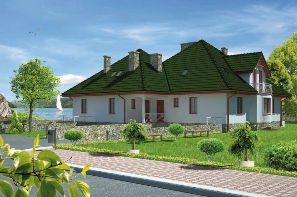 Projekt domu Gniezno 2 tech. L-6440 tech., parterowy z użytkowym poddaszem, dwurodzinny, z dwoma garażami, częściowo podpiwniczony - kolorystyka wersja 3