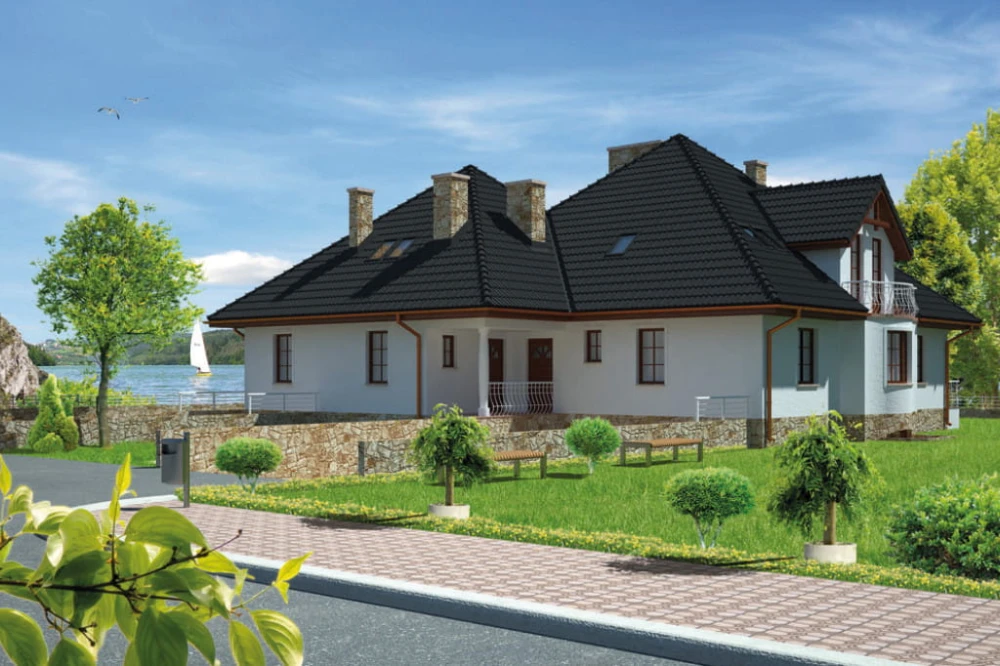Projekt domu Gniezno 2 tech. L-6440 tech., parterowy z użytkowym poddaszem, dwurodzinny, z dwoma garażami, częściowo podpiwniczony - kolorystyka wersja 4