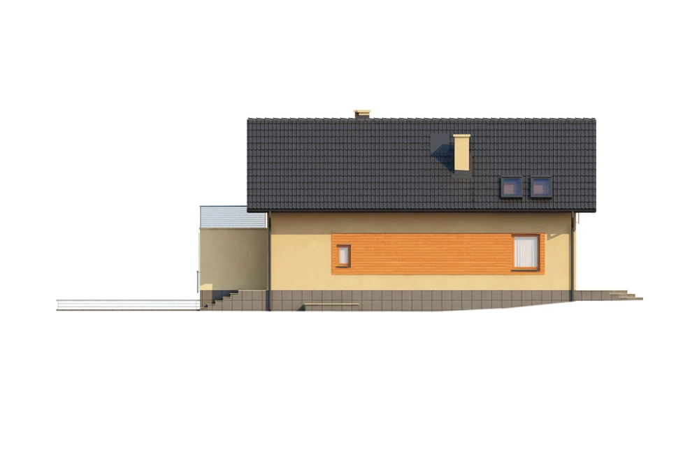 Projekt domu Radomsko DM-6446, parterowy z poddaszem mieszkalnym, częściowo podpiwniczony, z garażem - elewacja prawa