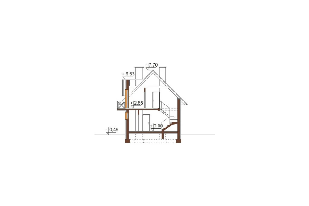 Projekt domu Branice DM-6457, parterowy z poddaszem użytkowym, z garażem, bez podpiwniczenia - przekrój A-A