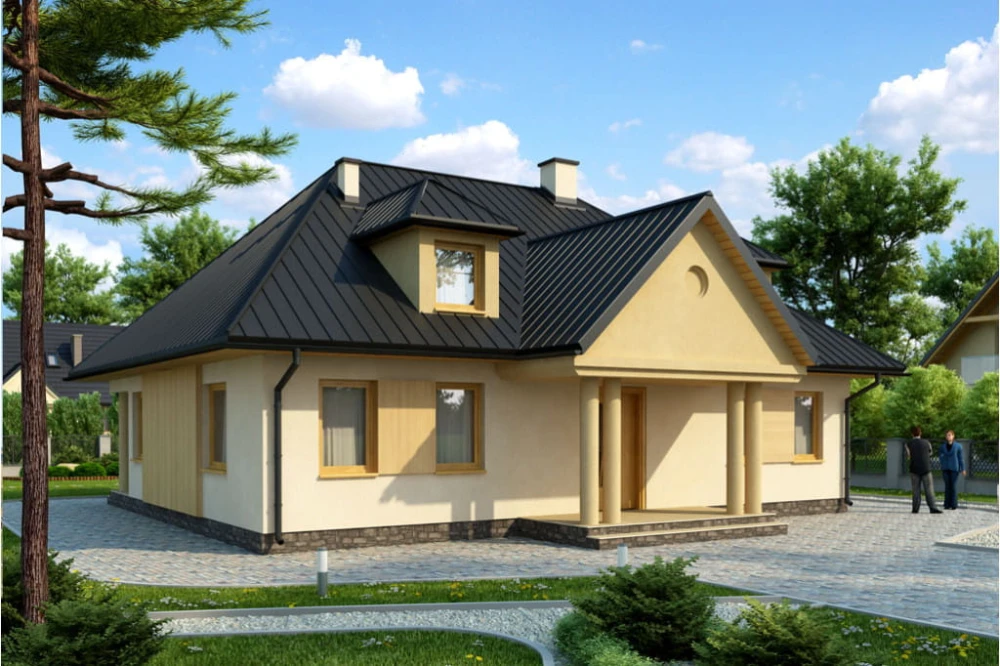 Projekt domu Siemianów tech. DM-6135 tech., parterowy z poddaszem użytkowym, częściowo podpiwniczony, bez garażu - kolorystyka wersja 2