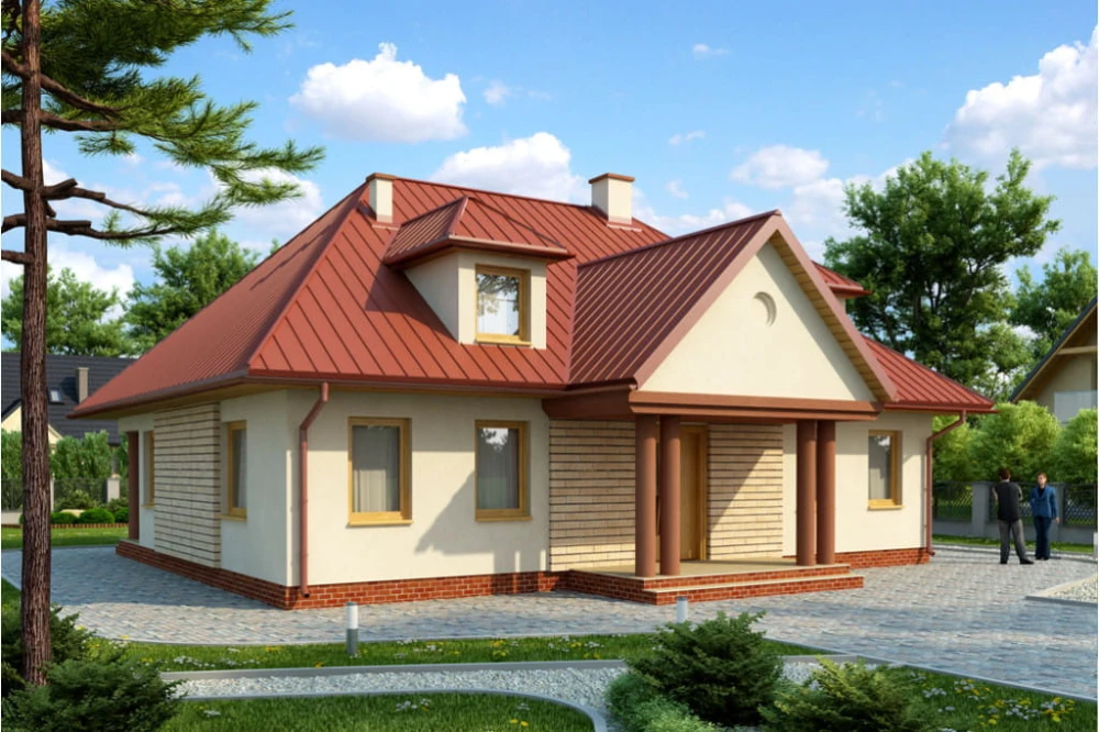 Projekt domu Siemianów tech. DM-6135 tech, parterowy z poddaszem użytkowym, częściowo podpiwniczony, bez garażu - kolorystyka wersja 3