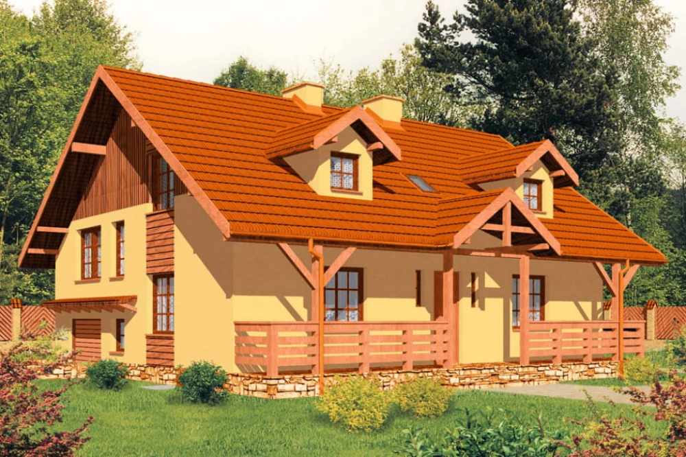 Projekt domu Wolanów tech. DM-6175 tech., parterowy z poddaszem mieszkalnym, podpiwniczony z garażem, z wydzieloną częścią gospodarczą - kolorystyka wersja 3