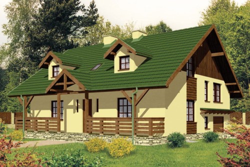Projekt domu Stryjewo tech. L-6175 tech., parterowy z poddaszem mieszkalnym, podpiwniczony z garażem, z wydzieloną częścią gospodarczą - kolorystyka wersja 2