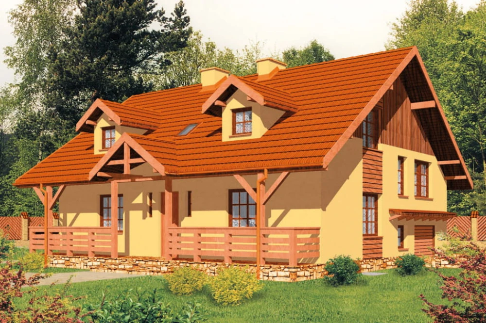 Projekt domu Stryjewo tech. L-6175 tech., parterowy z poddaszem mieszkalnym, podpiwniczony z garażem, z wydzieloną częścią gospodarczą - kolorystyka wersja 3