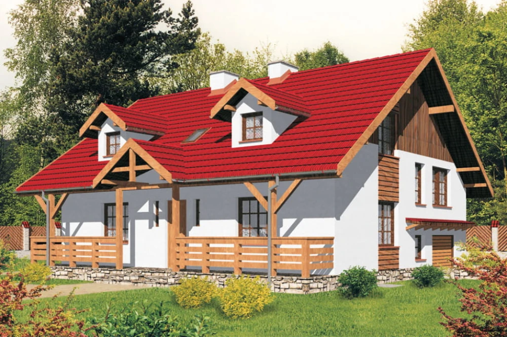 Projekt domu Stryjewo tech. L-6175 tech., parterowy z poddaszem mieszkalnym, podpiwniczony z garażem, z wydzieloną częścią gospodarczą - kolorystyka wersja 4
