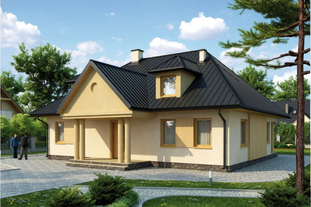 Projekt domu Sulimów tech. L-6135 tech., parterowy z poddaszem użytkowym, częściowo podpiwniczony, bez garażu - kolorystyka wersja 2