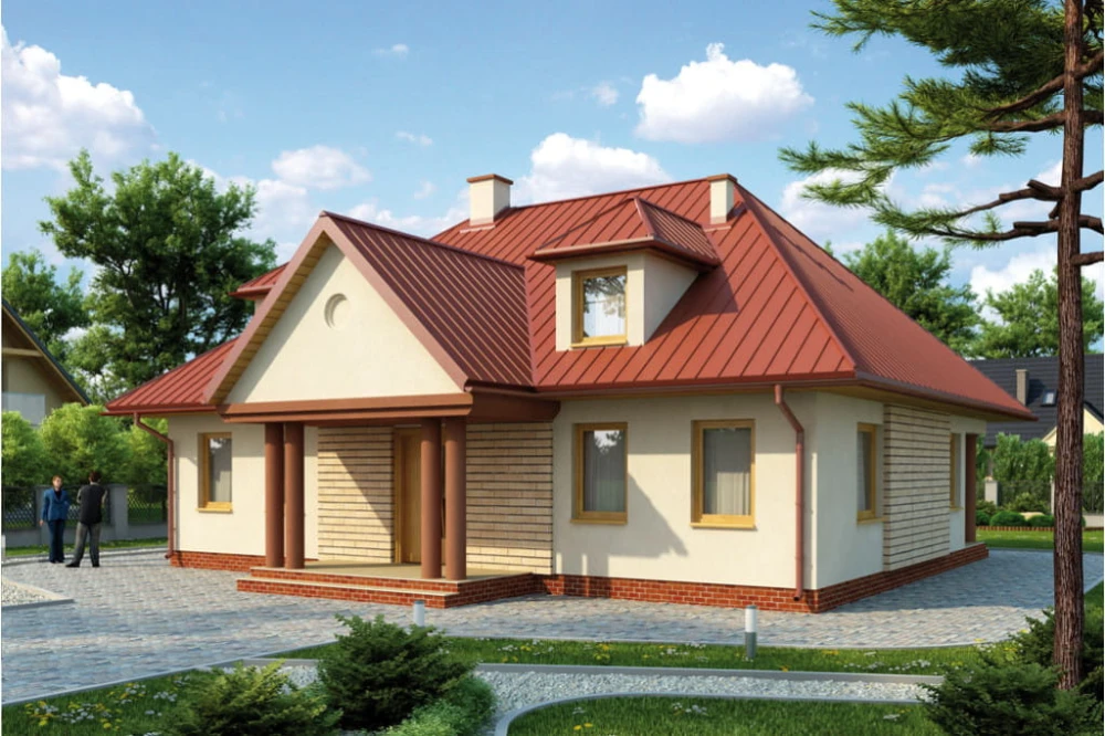 Projekt domu Sulimów tech. L-6135 tech., parterowy z poddaszem użytkowym, częściowo podpiwniczony, bez garażu - kolorystyka wersja 3