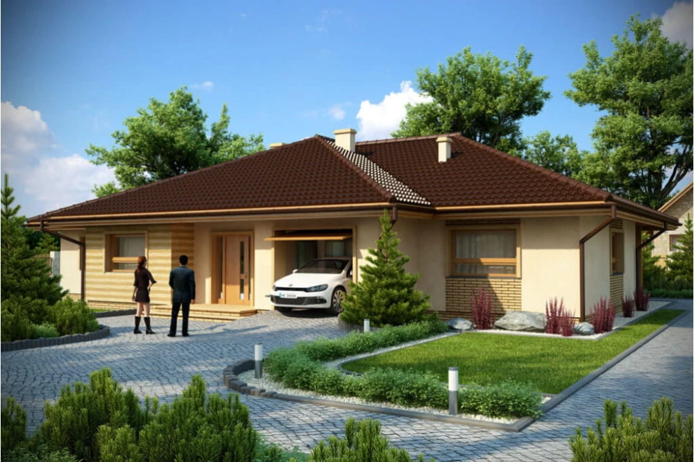 Projekt domu Tomaszów tech. DM-6176 tech., parterowy, bez podpiwniczenia z garażem - kolorystyka wersja 2