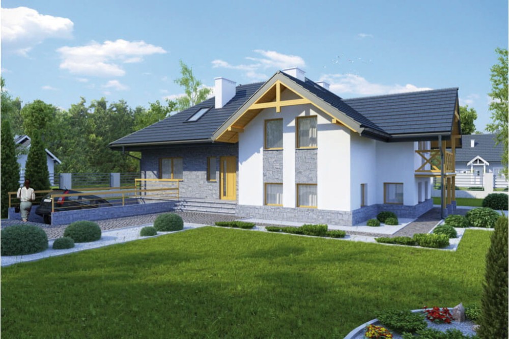 Projekt domu Józefów tech. L-6169 tech., parterowy z poddaszem mieszkalnym, z garażem, podpiwniczony z wydzieloną częścią gospodarczą - kolorystyka wersja 3