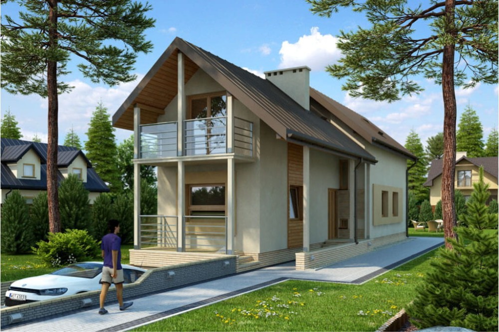 Projekt domu Braciszewo tech. DM-6172 tech., parterowy z poddaszem mieszkalnym, podpiwniczony z garażem, na wąską działkę - kolorystyka wersja 4