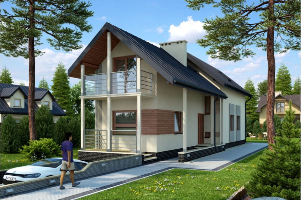 Projekt domu Braciszewo tech. DM-6172 tech., parterowy z poddaszem mieszkalnym, podpiwniczony z garażem, na wąską działkę - kolorystyka wersja 3