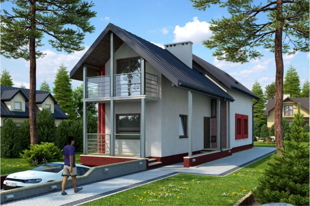 Projekt domu Braciszewo tech. DM-6172 tech., parterowy z poddaszem mieszkalnym, podpiwniczony z garażem, na wąską działkę - kolorystyka wersja 2
