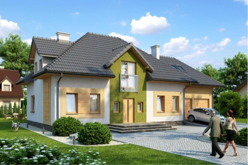 Projekt domu Astry tech. DM-6572 tech., parterowy z poddaszem mieszkalnym, niepodpiwniczony, z garażem dwustanowiskowym - kolorystyka wersja 1