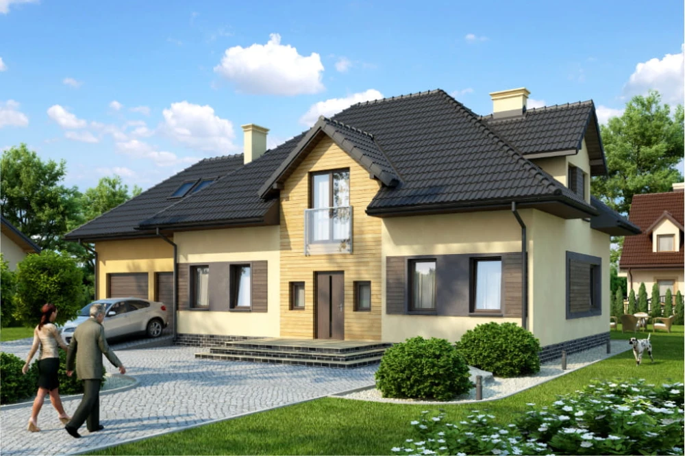 Projekt domu Astry 2 tech. L-6572 tech., parterowy z poddaszem mieszkalnym, niepodpiwniczony, z garażem dwustanowiskowym - kolorystyka wersja 3