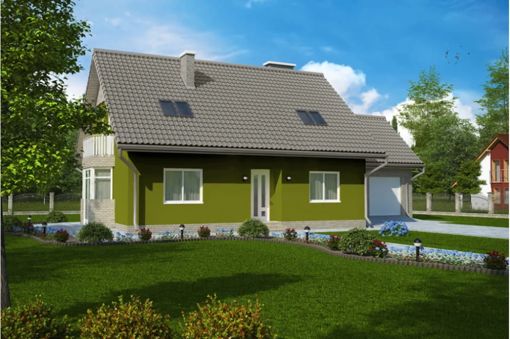 Projekt domu Fiołki tech. DM-6577 tech., parterowy z poddaszem mieszkalnym, bez podpiwniczenia, z garazem dwustanowiskowym - kolorystyka wersja 1