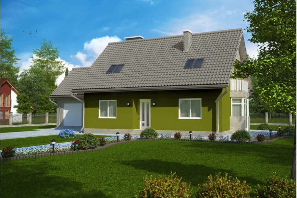 Projekt domu Fiołki 2 tech. L-6577 tech., parterowy z poddaszem mieszkalnym, bez podpiwniczenia, z garazem dwustanowiskowym - kolorystyka wersja 1