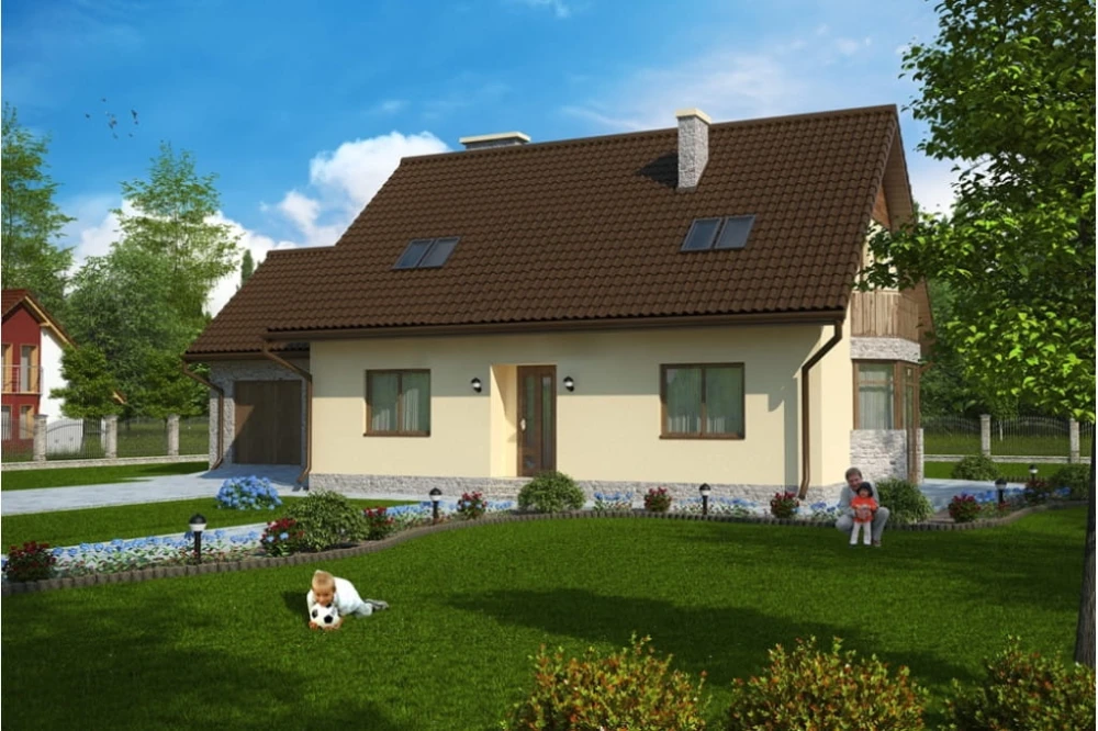 Projekt domu Fiołki 2 tech. L-6577 tech., parterowy z poddaszem mieszkalnym, bez podpiwniczenia, z garazem dwustanowiskowym - kolorystyka wersja 3