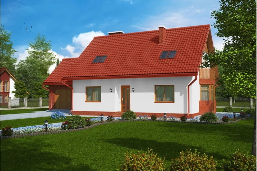 Projekt domu Fiołki 2 tech. L-6577 tech., parterowy z poddaszem mieszkalnym, bez podpiwniczenia, z garazem dwustanowiskowym - kolorystyka wersja 4