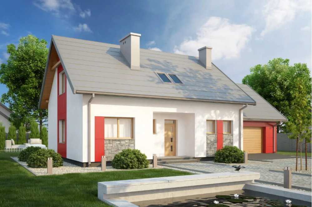 Projekt domu Tulipanów tech. DM-6581 tech., parterowy z poddaszem mieszkalnym, bez podpiwniczenia, z garażem - kolorystyka wersja 4