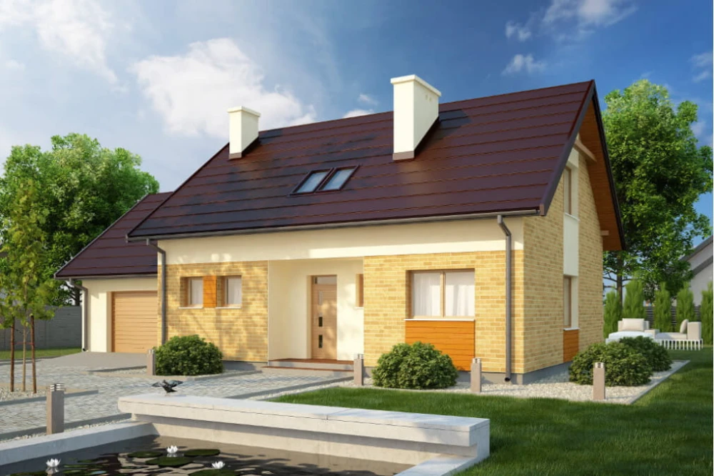 Projekt domu Tulipanów 2 tech. L-6581 tech., parterowy z poddaszem mieszkalnym, bez podpiwniczenia, z garażem - kolorystyka wersja 1