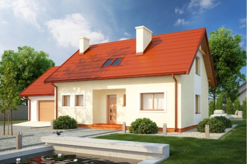 Projekt domu Tulipanów 2 tech. L-6581 tech., parterowy z poddaszem mieszkalnym, bez podpiwniczenia, z garażem - kolorystyka wersja 2