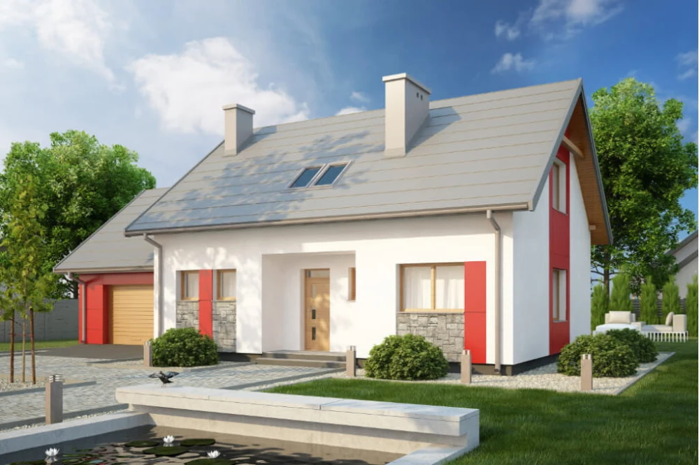 Projekt domu Tulipanów 2 tech. L-6581 tech., parterowy z poddaszem mieszkalnym, bez podpiwniczenia, z garażem - kolorystyka wersja 4