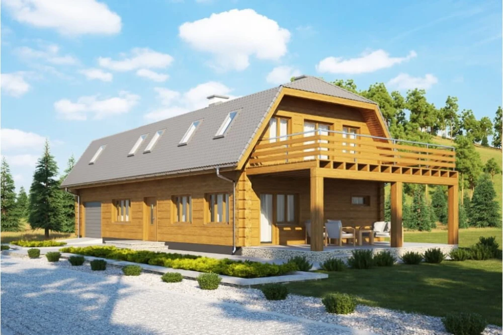 Projekt domu Rebucja 2 tech. L-6606 tech., parterowy z poddaszem użytkowym, antresolą i garażem  - kolorystyka wersja 1