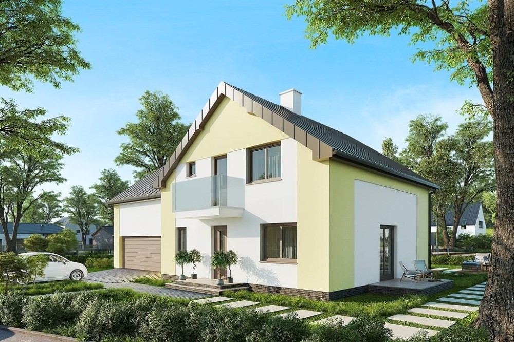 Projekt domu Isinia 2 tech. L-6672 tech., parterowy z poddaszem użytkowym, garażem dwustanowiskowym, niepodpiwniczony - kolorystyka wersja 3