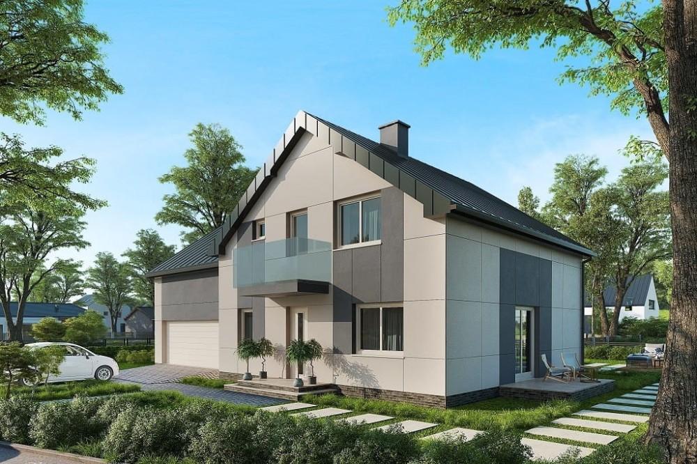 Projekt domu Isinia 2 tech. L-6672 tech., parterowy z poddaszem użytkowym, garażem dwustanowiskowym, niepodpiwniczony - kolorystyka wersja 2