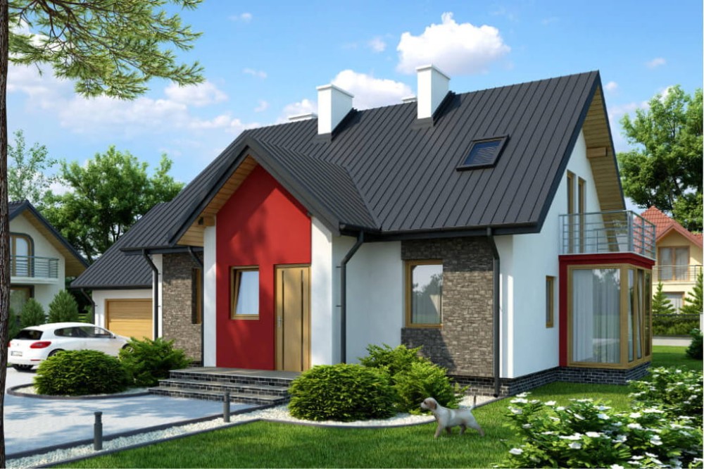 Projekt domu Krokusy tech. DM-6573 tech., parterowy z poddaszem mieszkalnym, z garażem dwustanowiskowym, bez podpiwniczenia - kolorystyka wersja 2