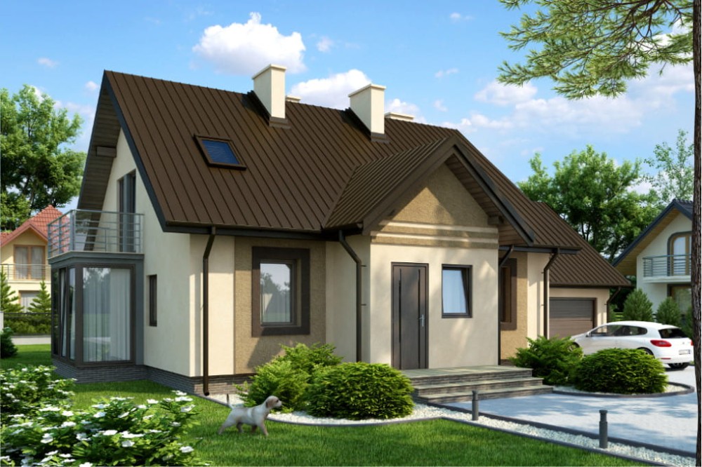 Projekt domu Krokusy 2 tech. L-6573 tech., parterowy z poddaszem mieszkalnym, z garażem dwustanowiskowym, bez podpiwniczenia - kolorystyka wersja 4