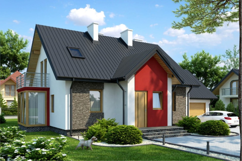 Projekt domu Krokusy 2 tech. L-6573 tech., parterowy z poddaszem mieszkalnym, z garażem dwustanowiskowym, bez podpiwniczenia - kolorystyka wersja 2