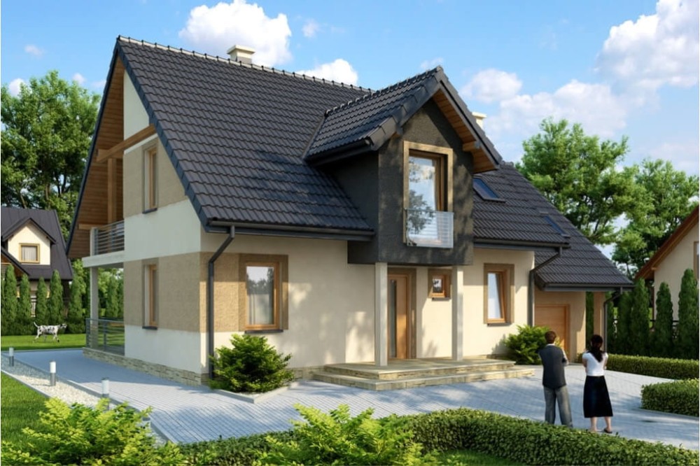 Projekt domu Maciejki tech. DM-6574 tech., parterowy z poddaszem mieszkalnym, z garażem, bez podpiwniczenia - kolorystyka wersja 4