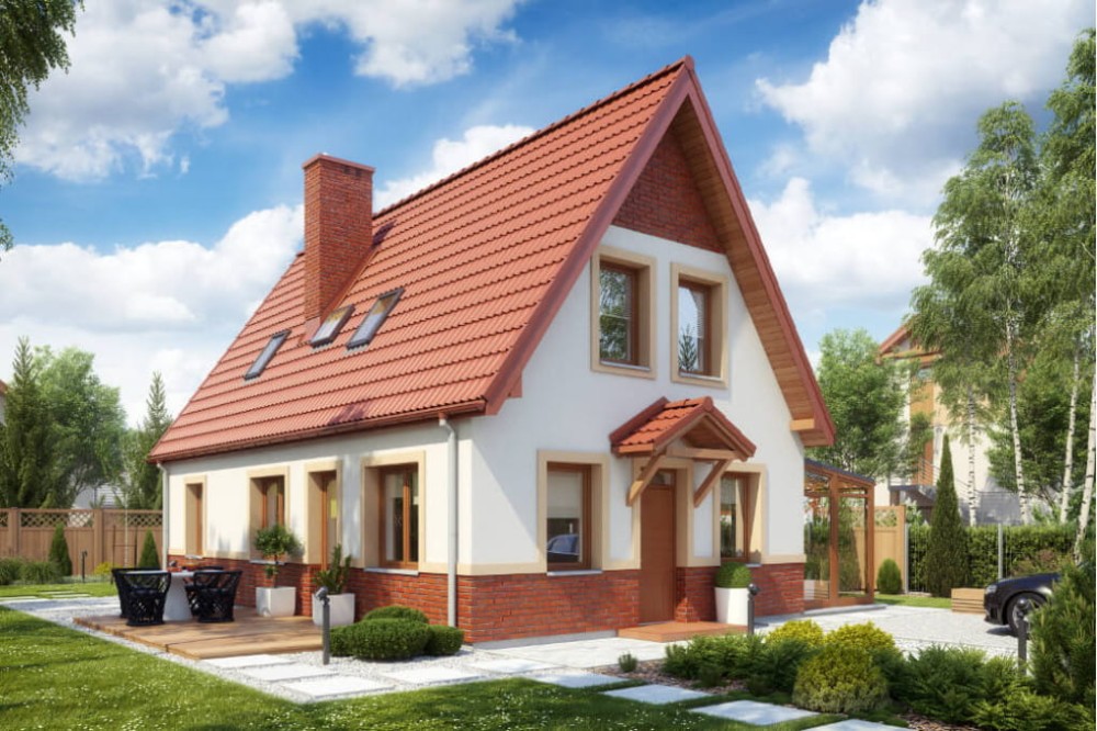 Projekt domu Niecierpków 2 tech. L-6580 tech., parterowy z poddaszem mieszkalnym, bez podpiwniczenia - kolorystyka wersja 3