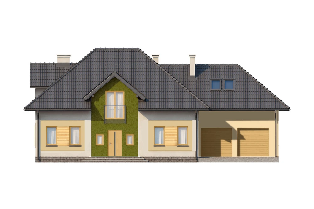 Projekt domu Astry DM-6572, parterowy z poddaszem mieszkalnym, niepodpiwniczony, z garażem dwustanowiskowym - elewacja frontowa