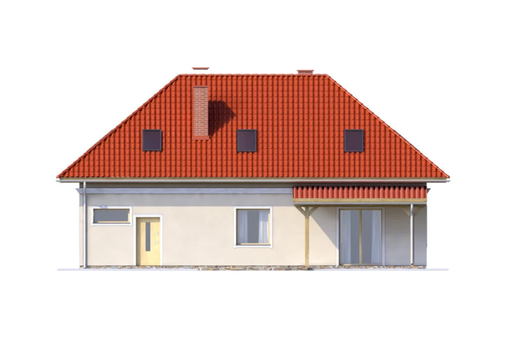 Projekt domu Konwaliowo DM-6582, parterowy z poddaszem mieszkalnym, bez podpiwniczenia, bez garażu -  elewacja ogrodowa