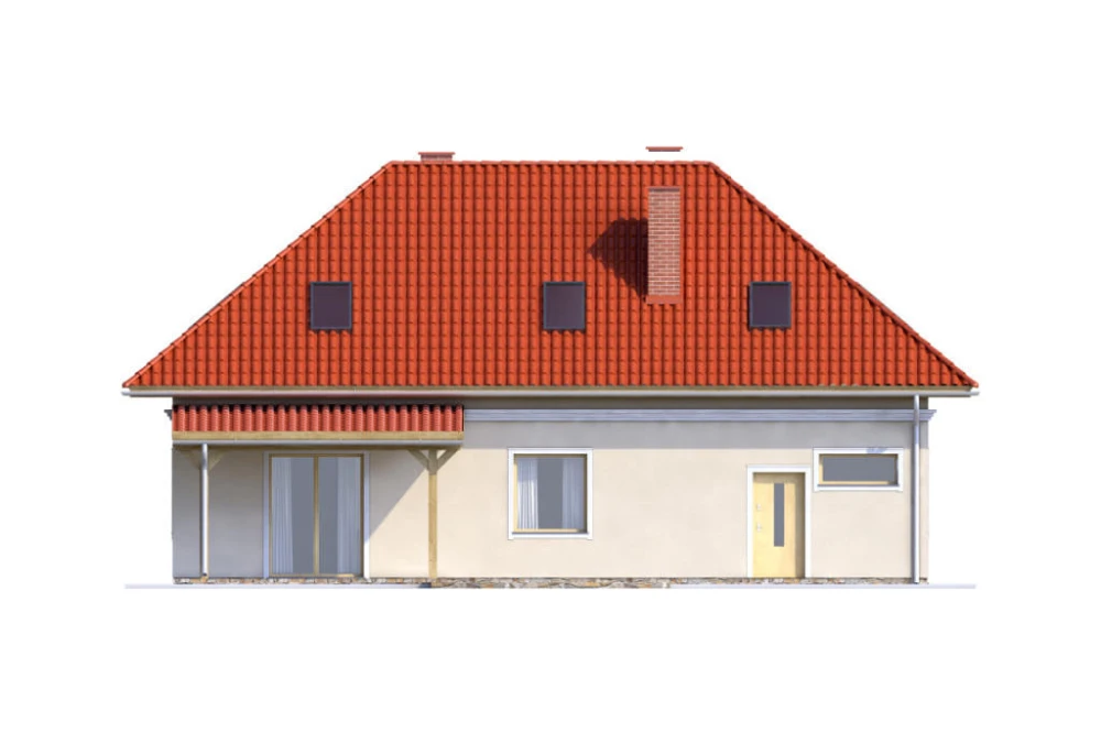 Projekt domu Konwaliowo 2 L-6582, parterowy z poddaszem mieszkalnym, bez podpiwniczenia, bez garażu - elewacja ogrodowa