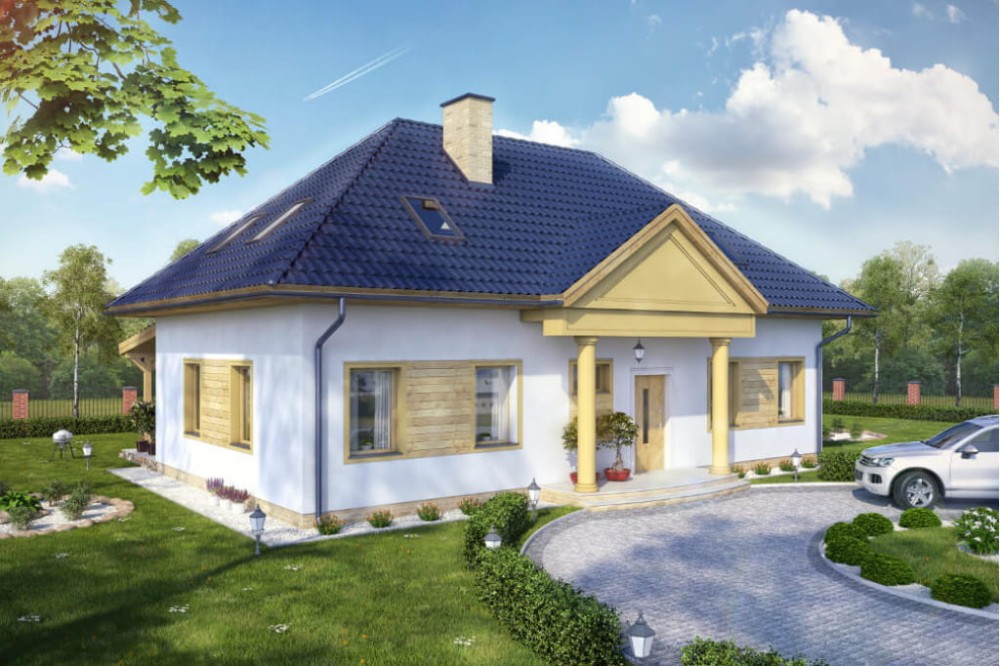 Projekt domu Konwaliowo tech. DM-6582 tech., parterowy z poddaszem mieszkalnym, bez podpiwniczenia, bez garażu - kolorystyka wersja 4