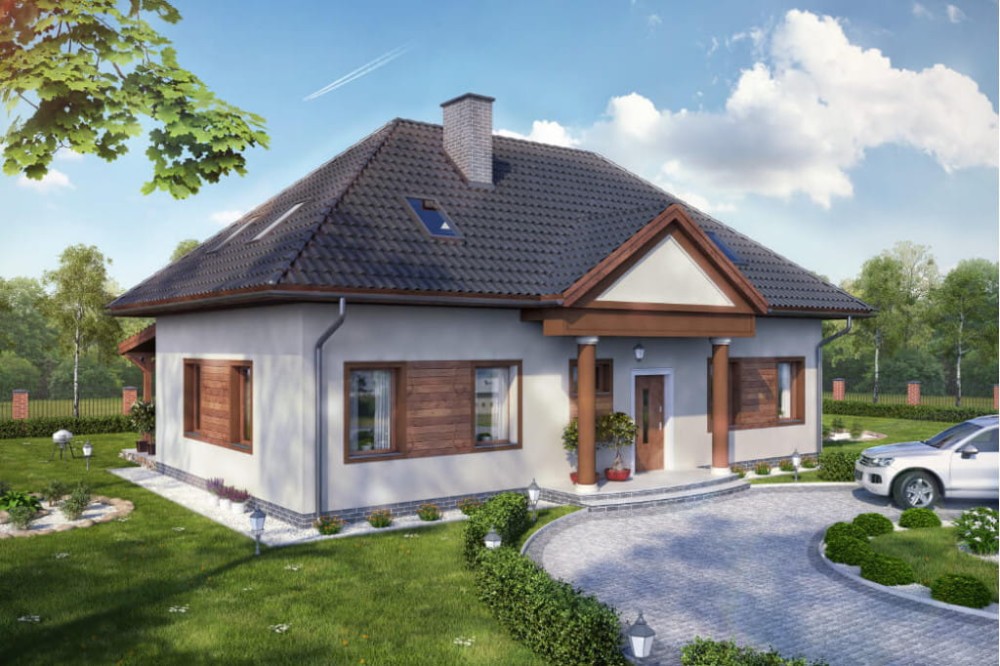 Projekt domu Konwaliowo tech. DM-6582 tech., parterowy z poddaszem mieszkalnym, bez podpiwniczenia, bez garażu - kolorystyka wersja 3