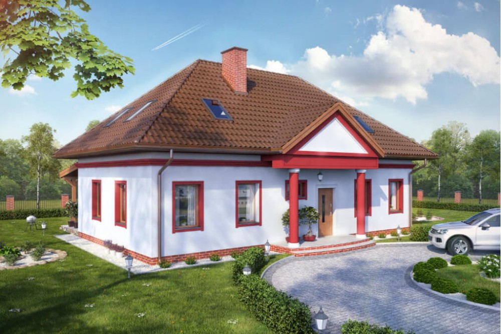 Projekt domu Konwaliowo tech. DM-6582 tech., parterowy z poddaszem mieszkalnym, bez podpiwniczenia, bez garażu - kolorystyka wersja 2