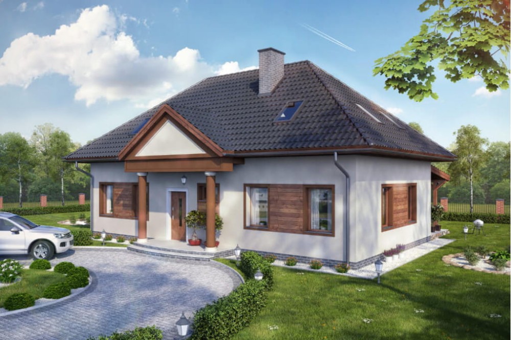 Projekt domu Konwaliowo 2 tech. L-6582 tech., parterowy z poddaszem mieszkalnym, bez podpiwniczenia, bez garażu - kolorystyka wersja 3
