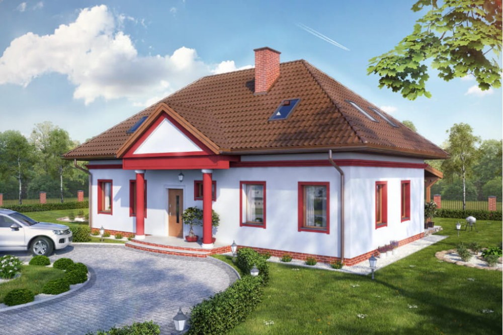 Projekt domu Konwaliowo 2 tech. L-6582 tech., parterowy z poddaszem mieszkalnym, bez podpiwniczenia, bez garażu - kolorystyka wersja 2