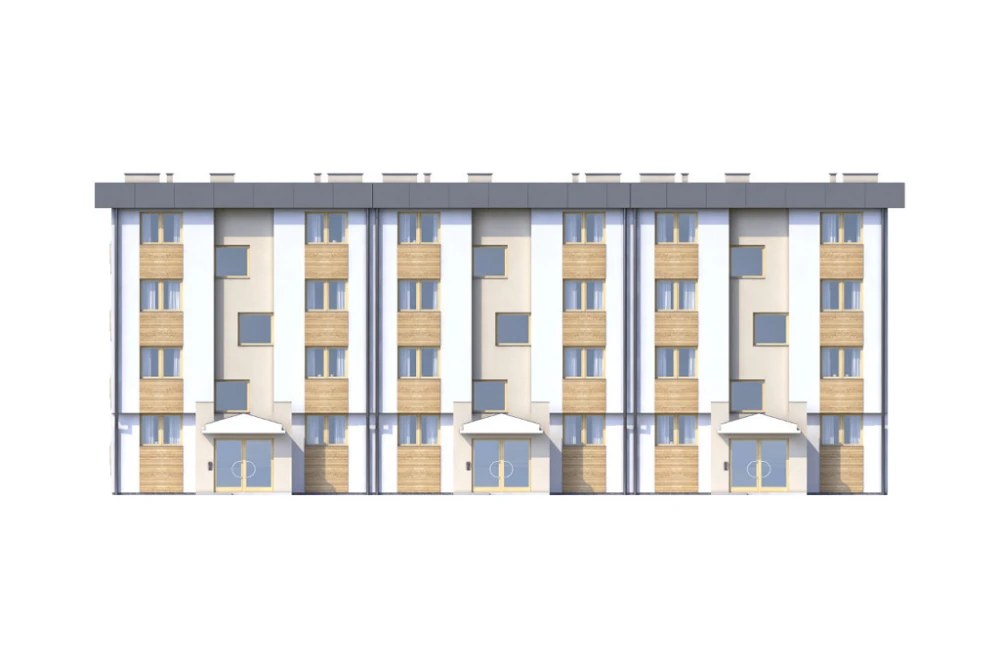 Projekt budynku wielorodzinnego DM-6590, parterowy z trzema piętrami, częściowo podpiwniczony, bez garażu - elewacja frontowa