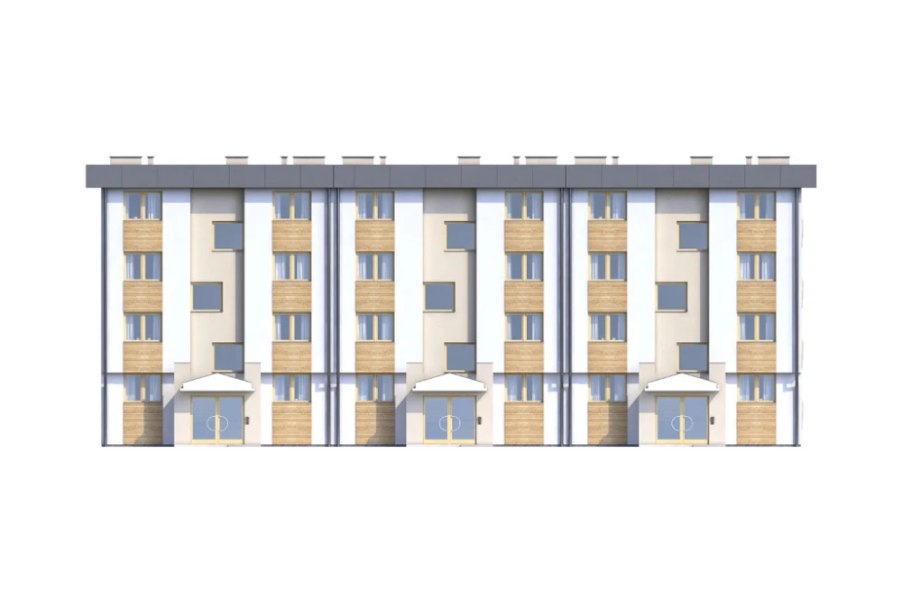 Projekt budynku wielorodzinnego L-6590, parterowy z trzema piętrami, częściowo podpiwniczony, bez garażu - elewacja frontowa