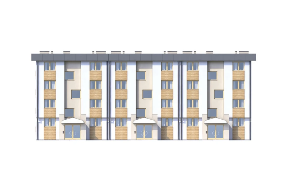 Projekt budynku wielorodzinnego DM-6590 C, parterowy z trzema piętrami, bez piwnicy i garażu - elewacja frontowa