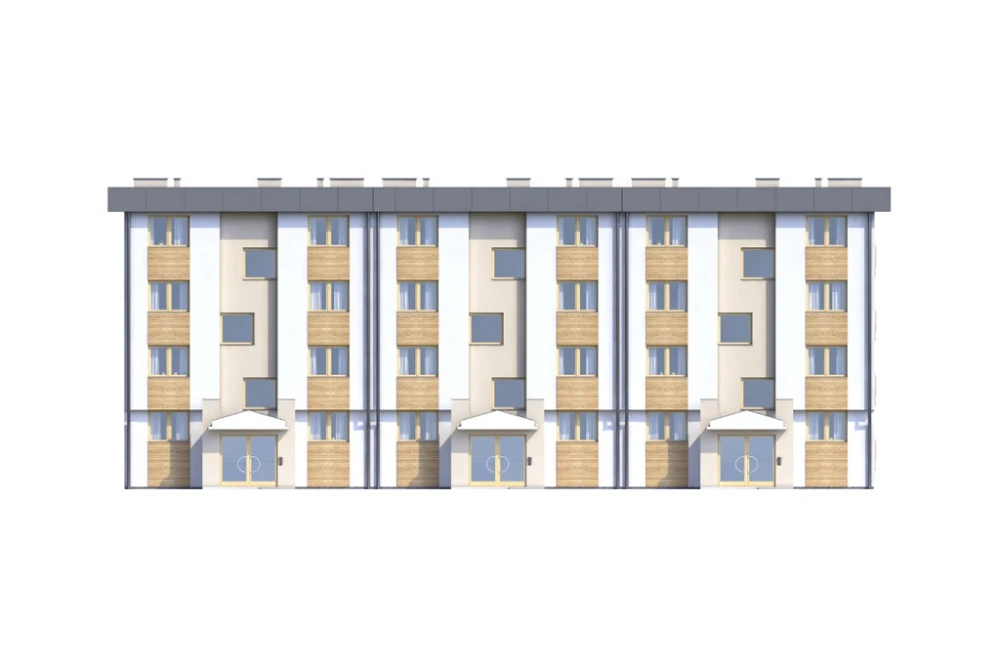 Projekt budynku wielorodzinnego L-6590 C, parterowy z trzema piętrami, bez piwnicy i garażu - elewacja frontowa